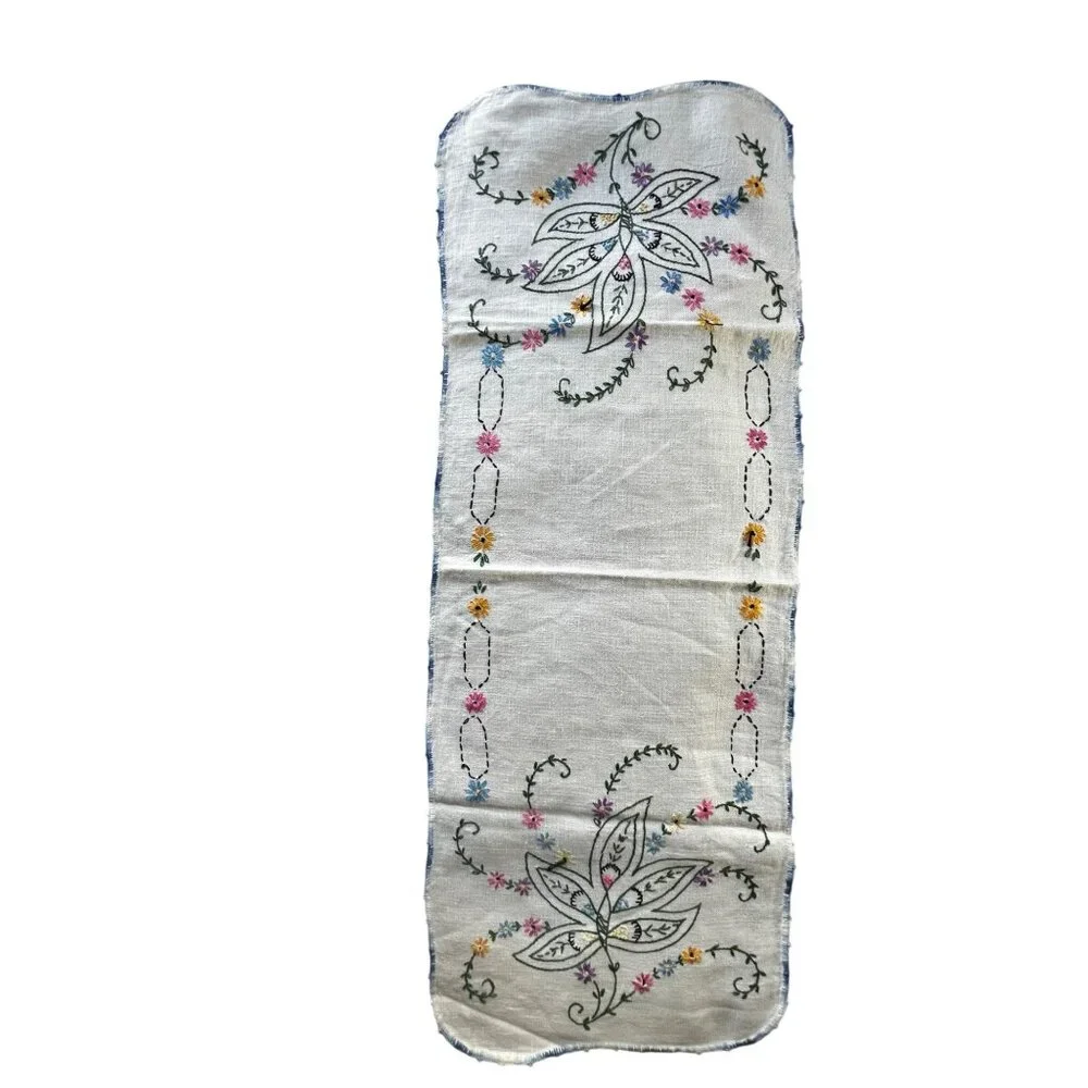 Vintage Hand-Embroidered Floral Table Runner Blue Crocheted Lace Edge 32